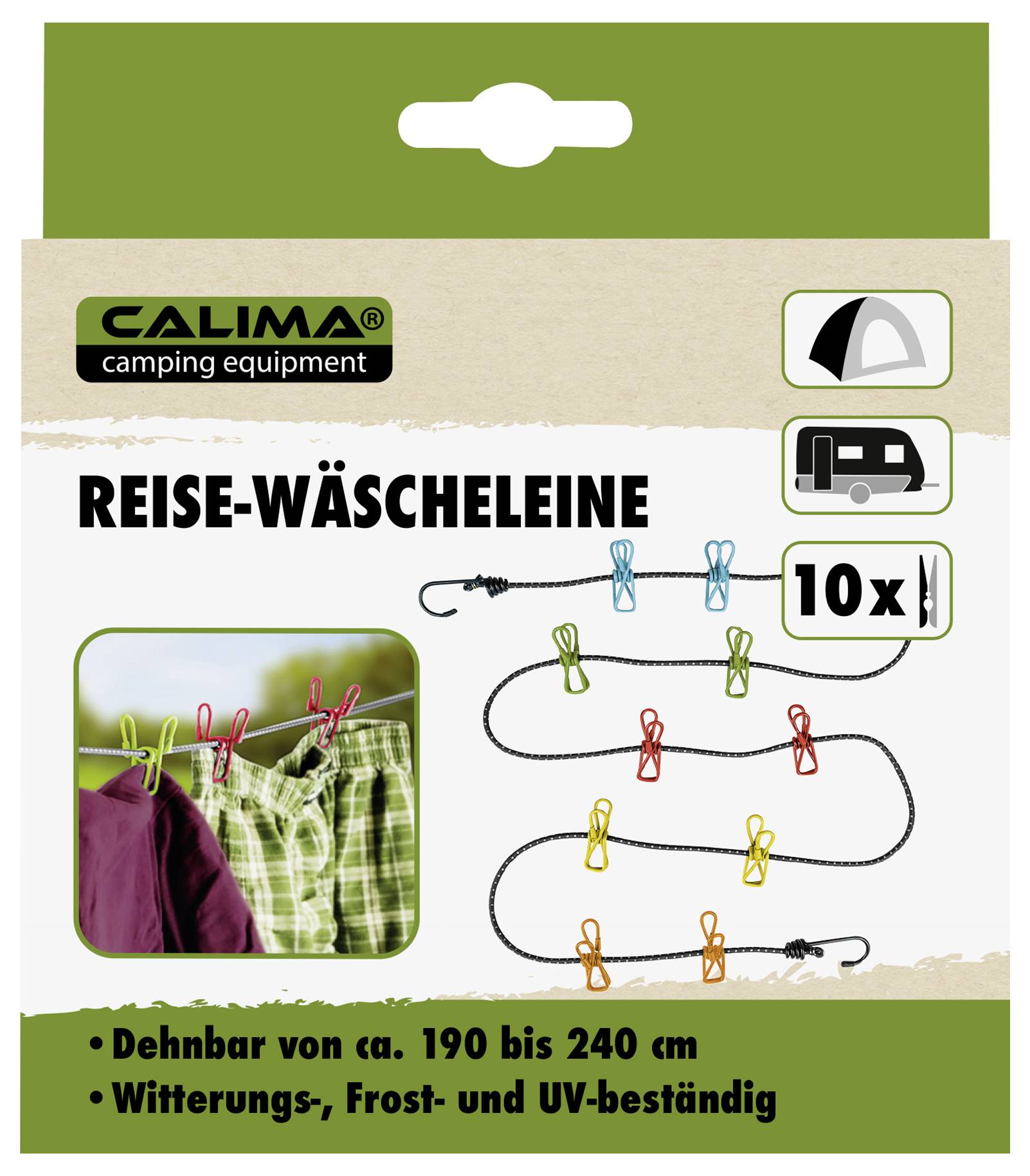 Packaging for a travel clothesline with colourful pegs, extensible from 190 to 240 cm, weather-, frost- and UV-resistant, contains 10 pieces.