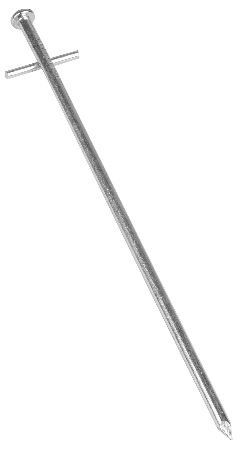 A long, metallic tent peg with a sharp point and a crossbar at the upper end, designed to anchor it in the ground.