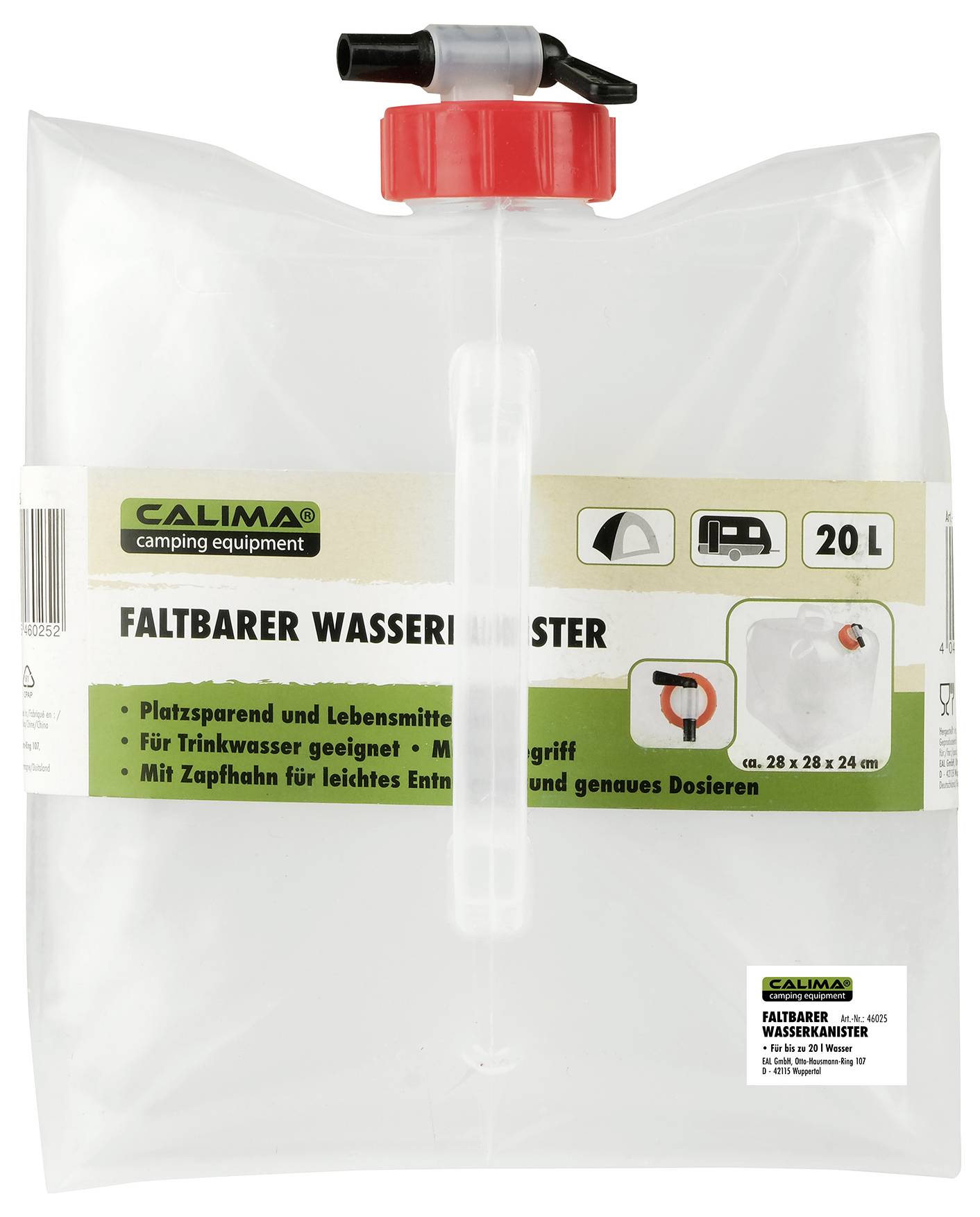 Collapsible water container with a 20-litre capacity. Features a tap and red seal. Suitable for camping and outdoor activities.