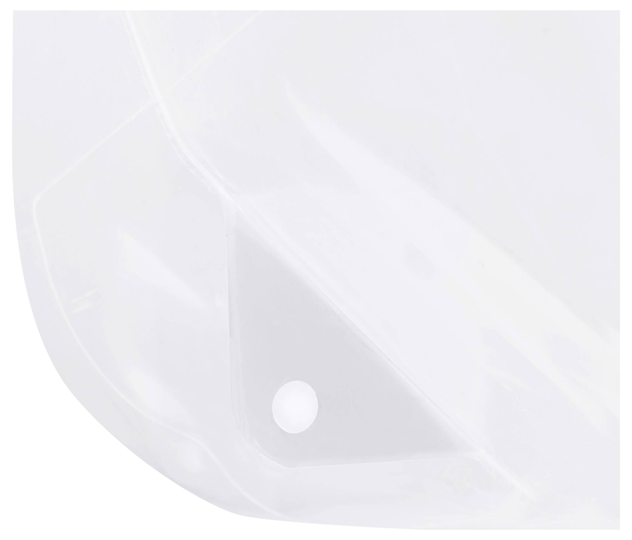 A white, transparent plastic part with a rounded edge and a small, circular hole in the corner.