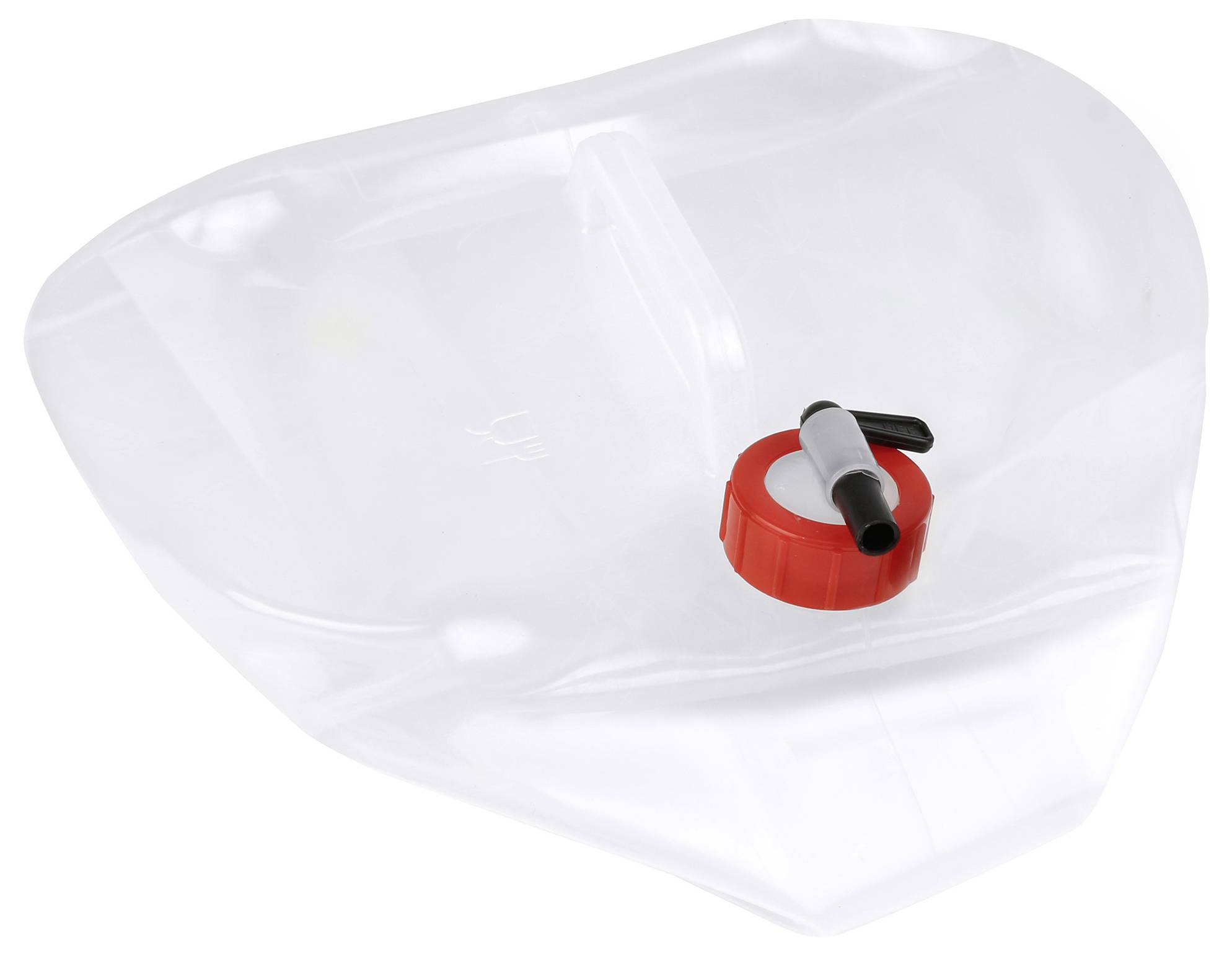 Transparent water container with a red screw cap and black tap, ideal for camping or outdoor activities.