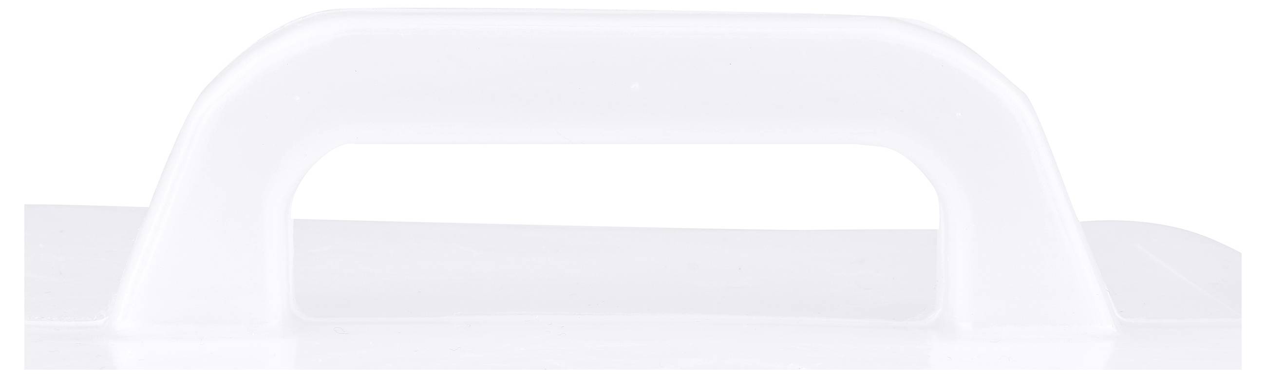 White plastic handle on a container lid, simple and functional design, against a white background.