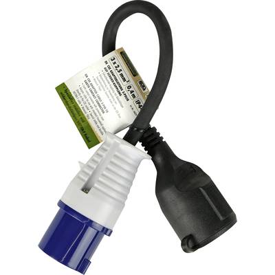 An adaptor cable with blue and black plug connectors, suitable for connecting electrical devices, with a label specifying its details.