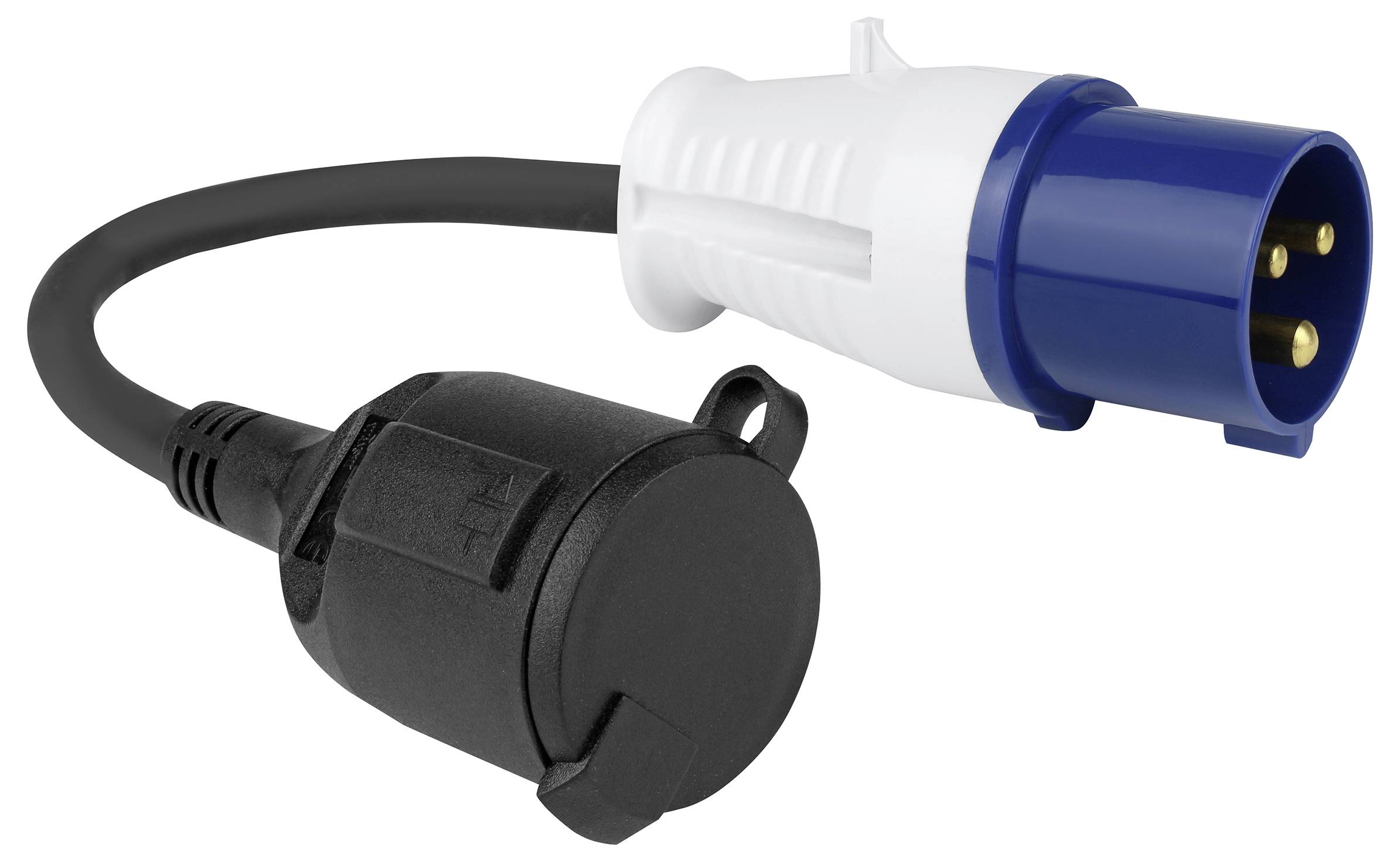 Adaptor cable with CEE plug and Schuko socket. White-blue plug on the left, black socket on the right. Connects different plug types.