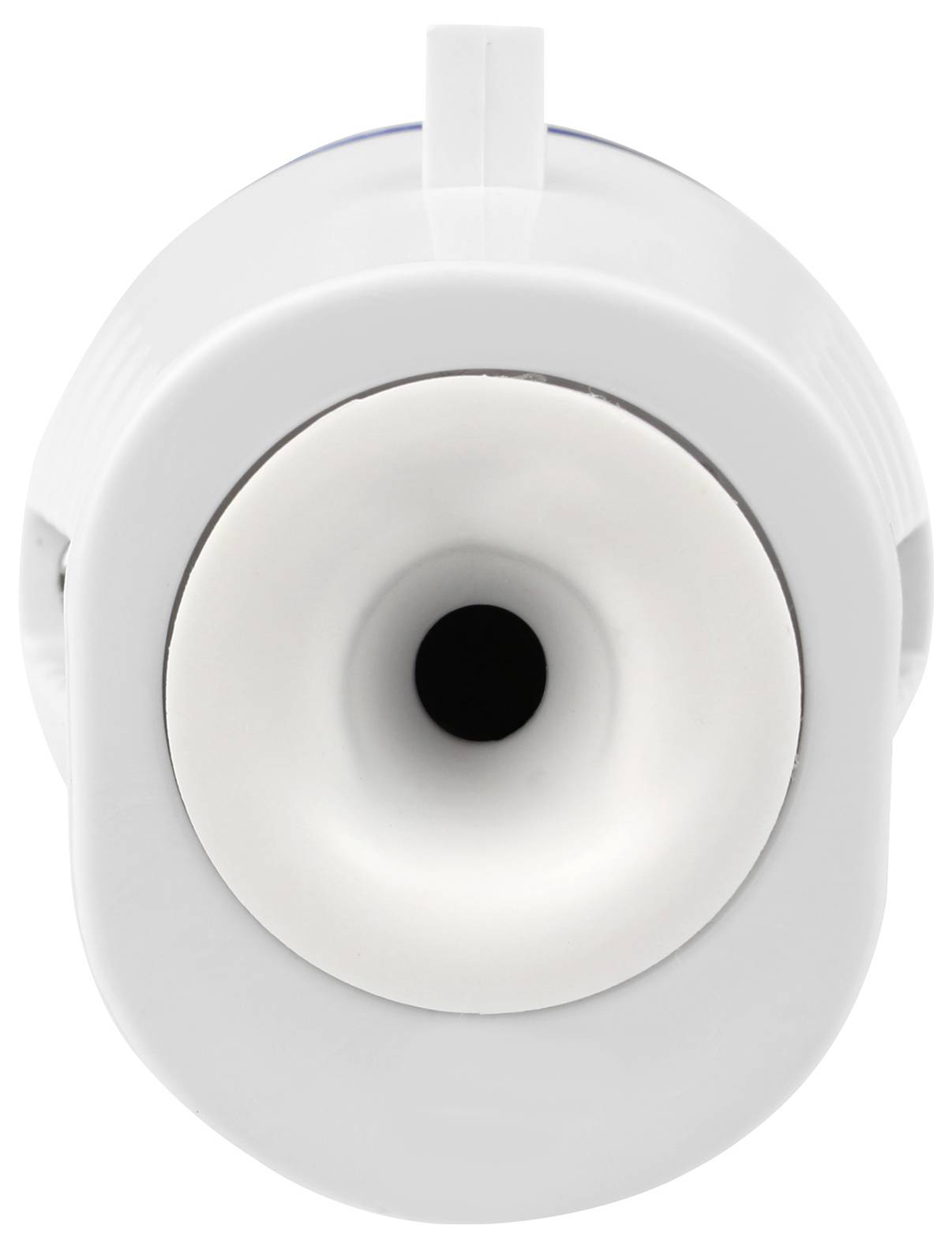 A white plastic part with a circular hole in the centre, possibly a lid or end cap.