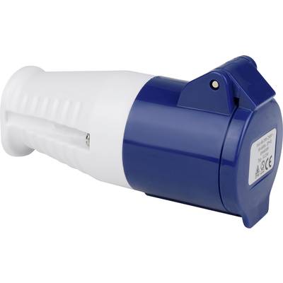 A blue and white electric plug adapter with technical specifications on a label.
