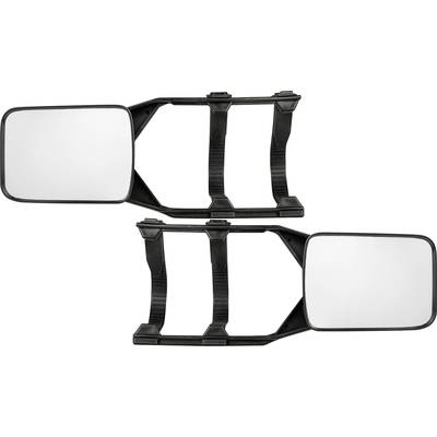 Two rectangular auxiliary car mirrors with adjustable straps that can be attached to existing side mirrors to extend the field of view.