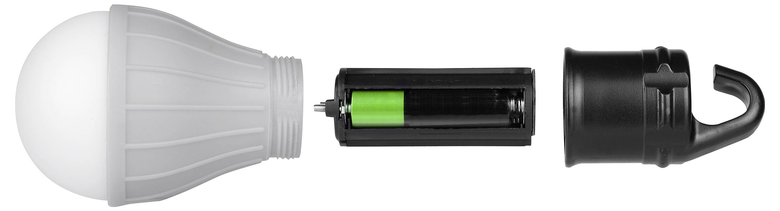 The image shows a dismantled torch consisting of an LED bulb, a battery compartment with battery, and an end piece.