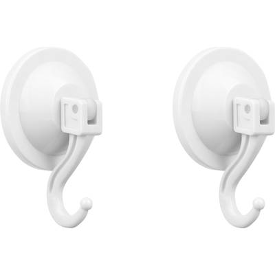 Two white suction cup hooks, arranged side by side. Each hook has a curved, upward-facing shape and a smooth surface.