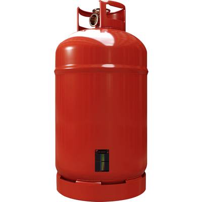 A large, red gas cylinder stands upright. At the top, there is a valve for connection.