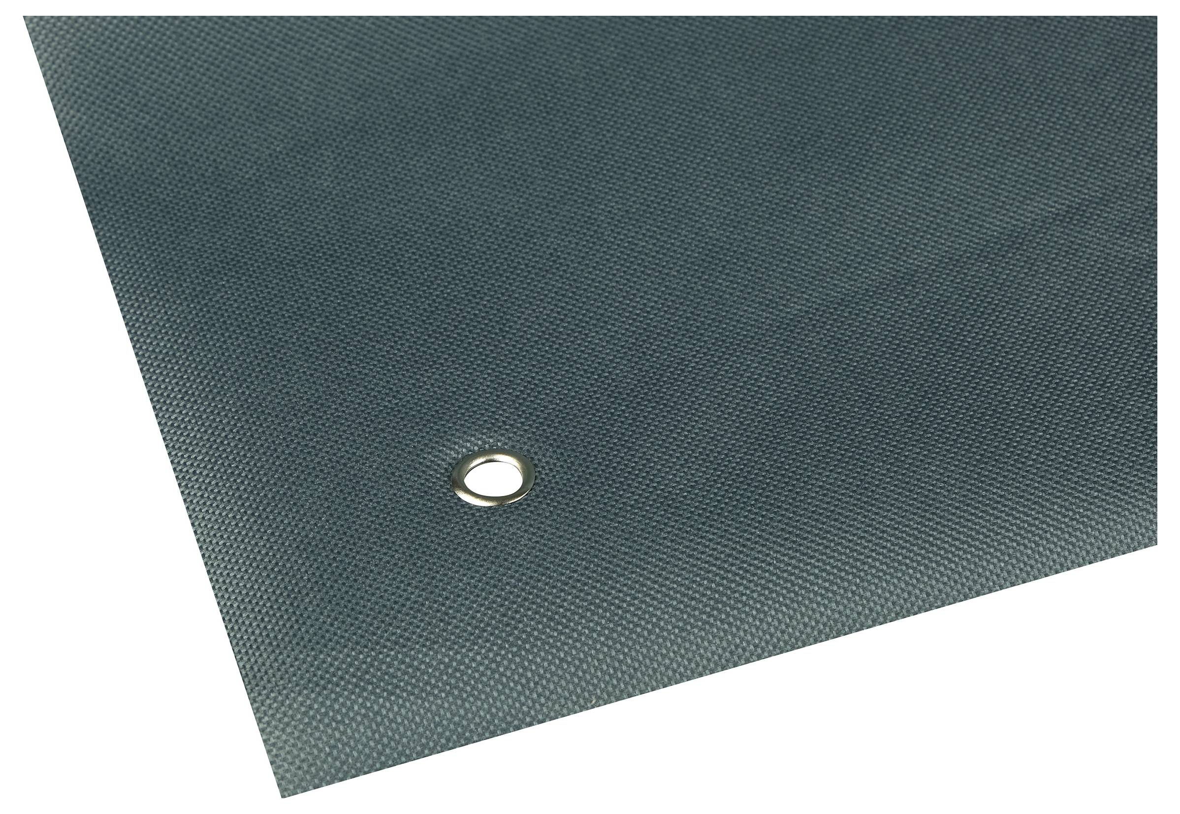 A green tarpaulin with reinforced eyelets in the corner, suitable for coverings or outdoor protection.