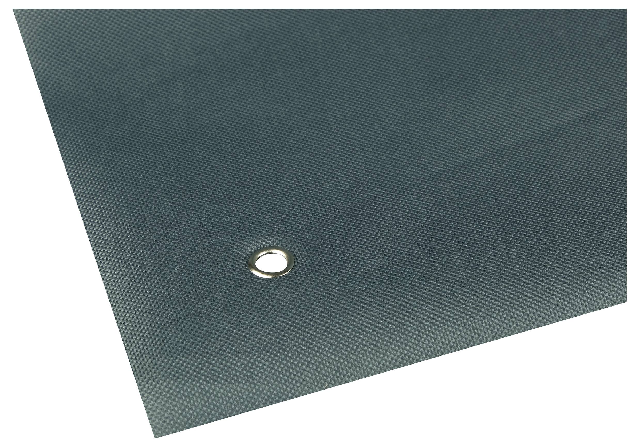 A blue, textured cloth with a metal eyelet in one corner, which can be used as a tarpaulin or cover.