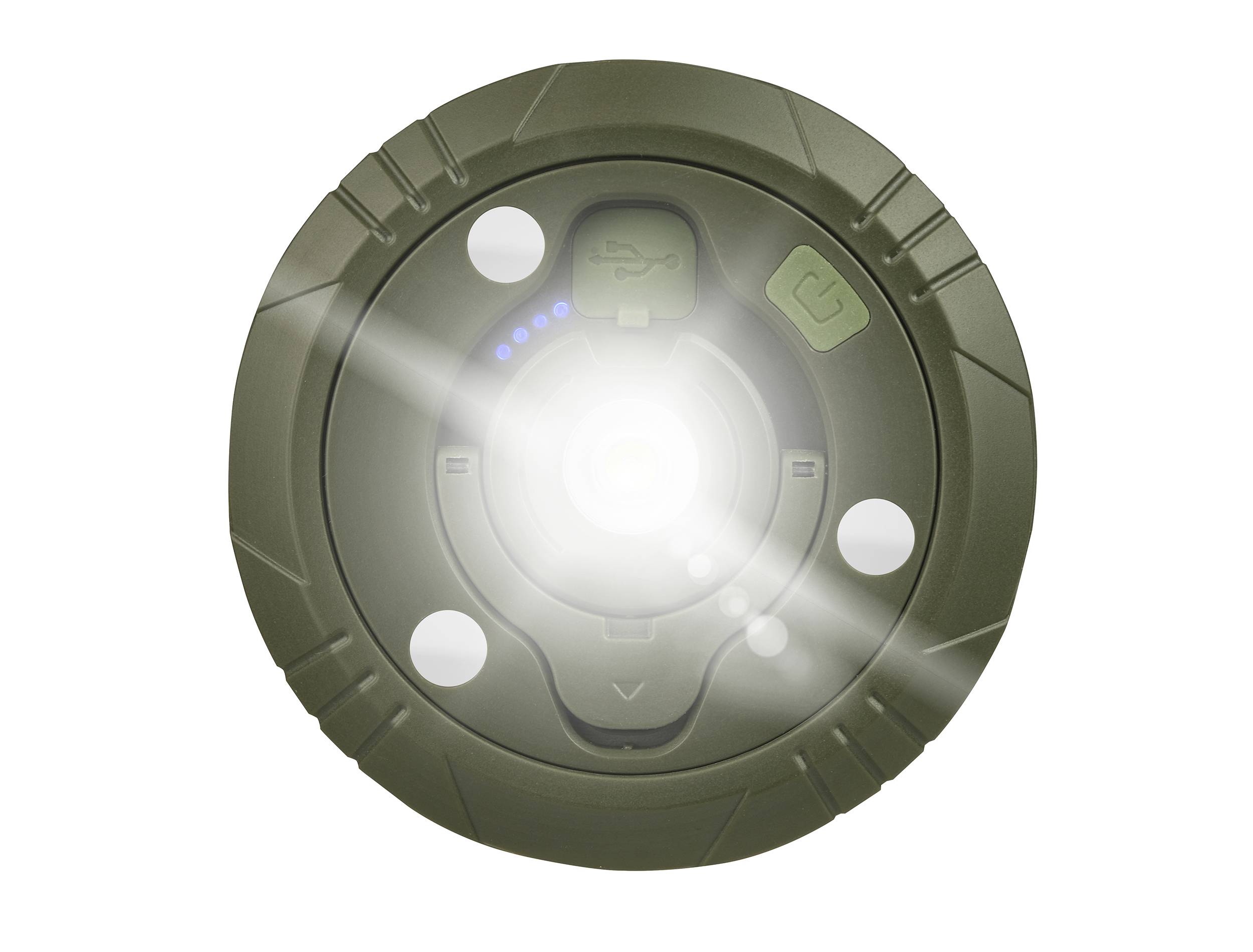 A round, green LED lamp with a luminous centre and surrounding control buttons.