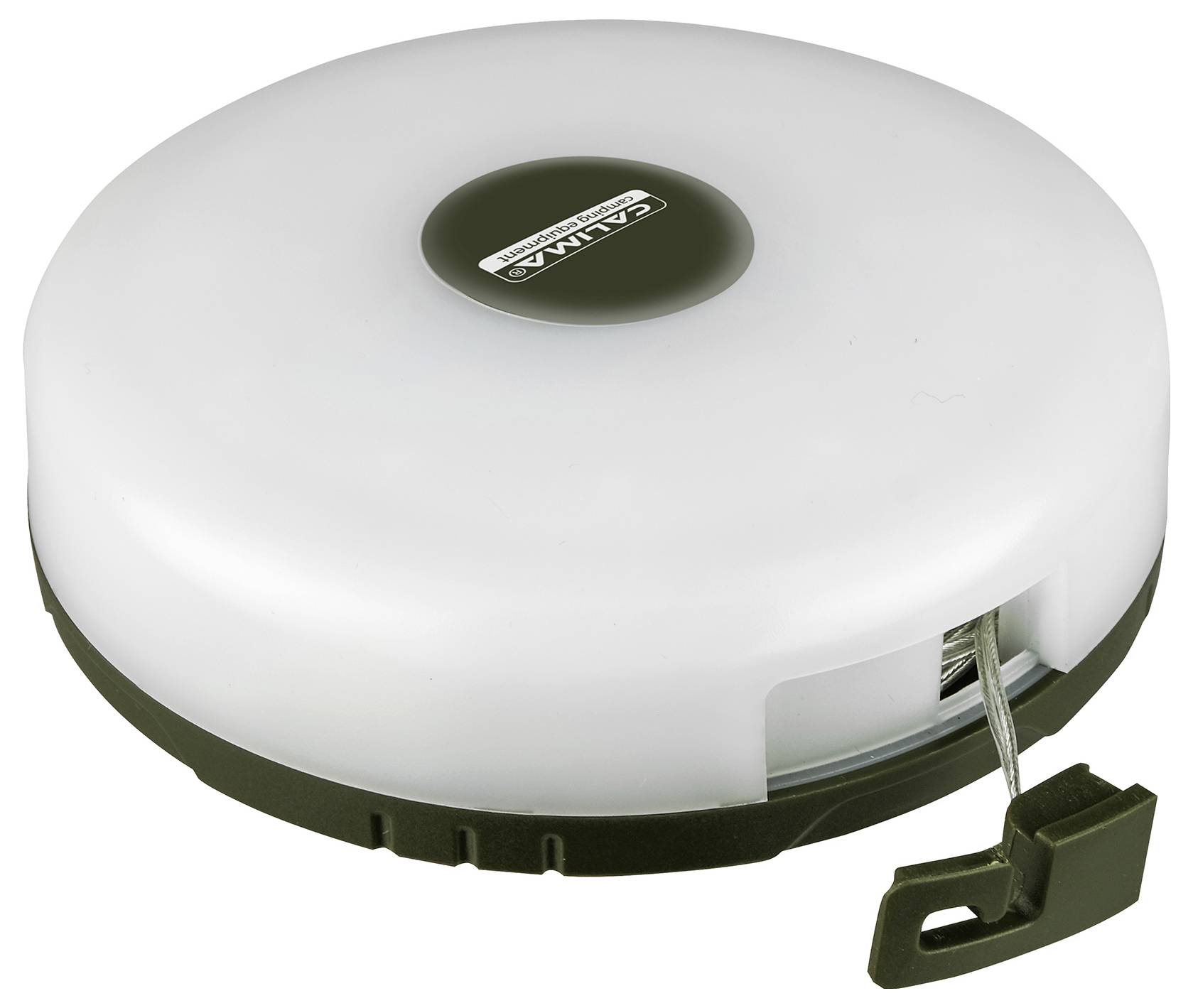 Round camping lamp with a hook for hanging, ideal for outdoor activities. Provides a soft, even light.