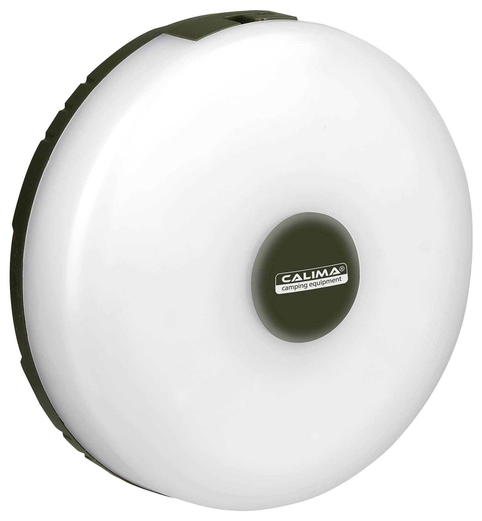 Round, flat white lamp with a black central section and the inscription 'Callima camping equipment'. Ideal for camping needs.