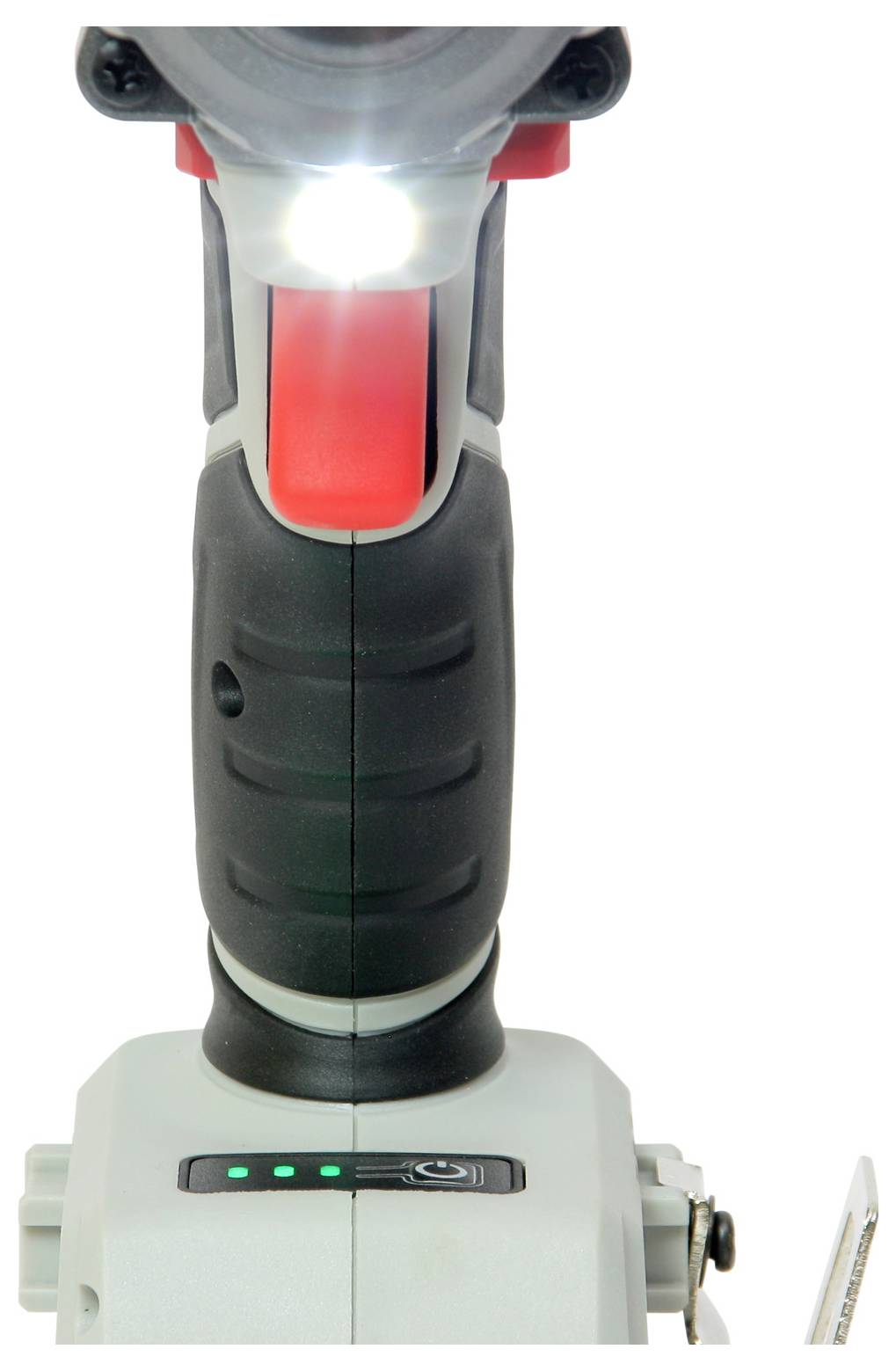 Cordless drill in close-up, red and black grip design, LED light at the front, charging indicator with green LEDs at the bottom.