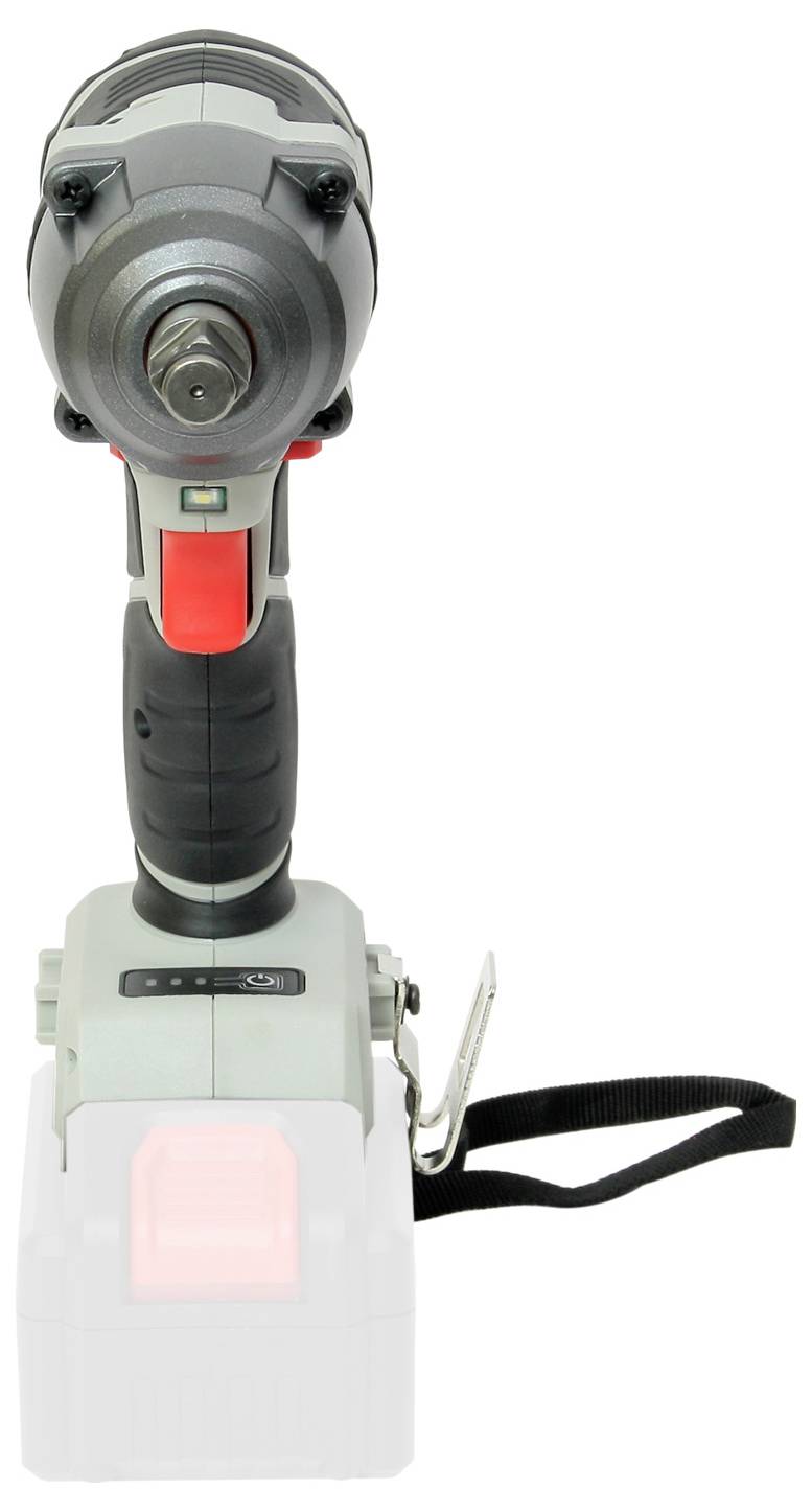 Cordless impact driver viewed from the front, with a black handle, red switch, and detached battery. Suitable for mechanical work.
