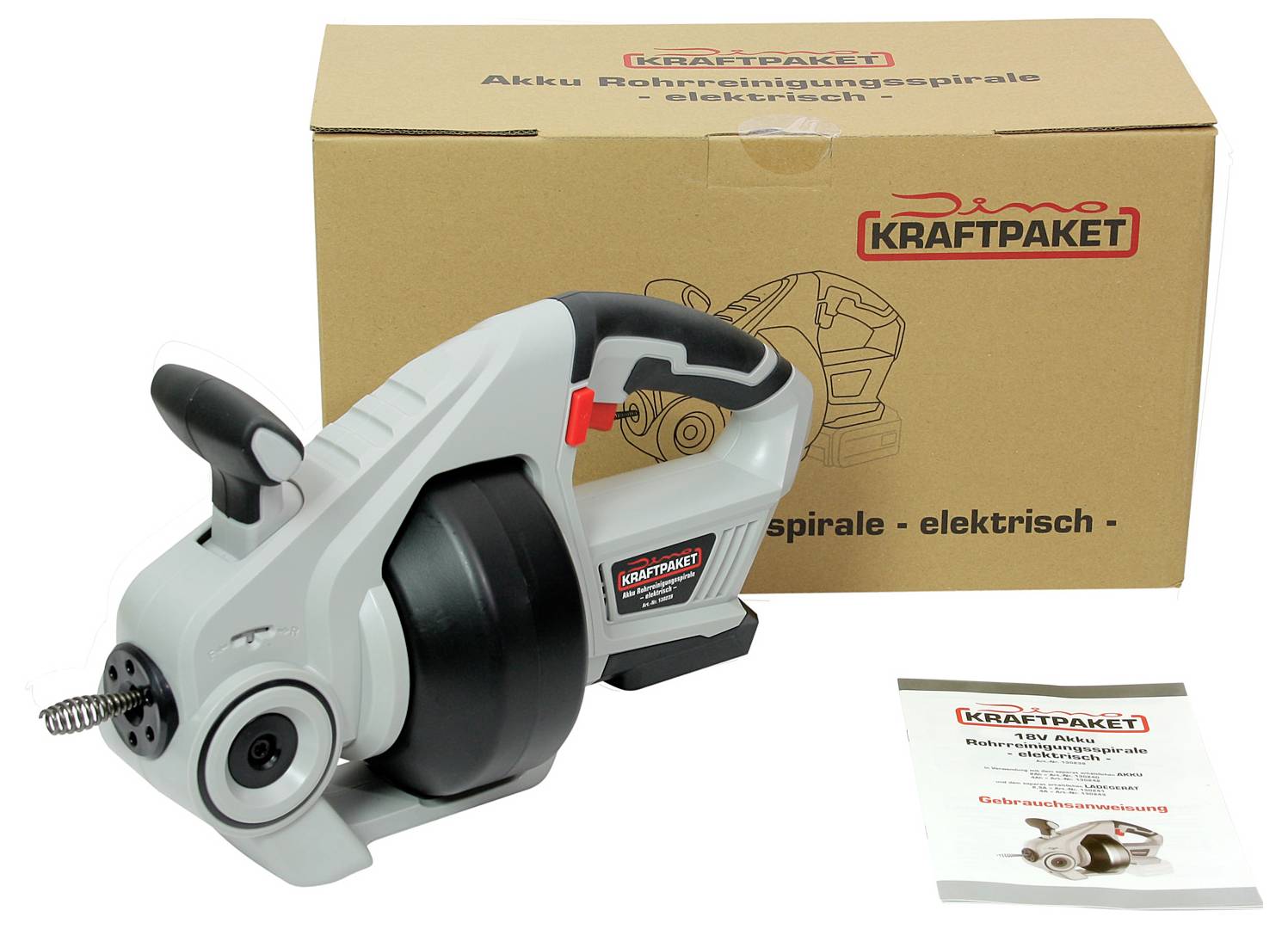 Electric drain cleaning spiral with a handheld grip, positioned in front of a cardboard box with the 'Dino Power Pack' logo and instruction manual.