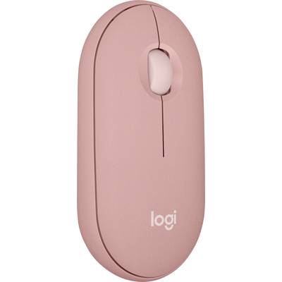 A pink wireless mouse with a scroll wheel and the word 'logi' printed on the front.