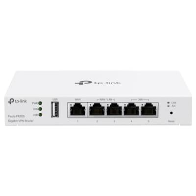 A white TP-Link Gigabit VPN Router with four Ethernet ports, WAN port and USB port. The device has status indicators for power and network activity.