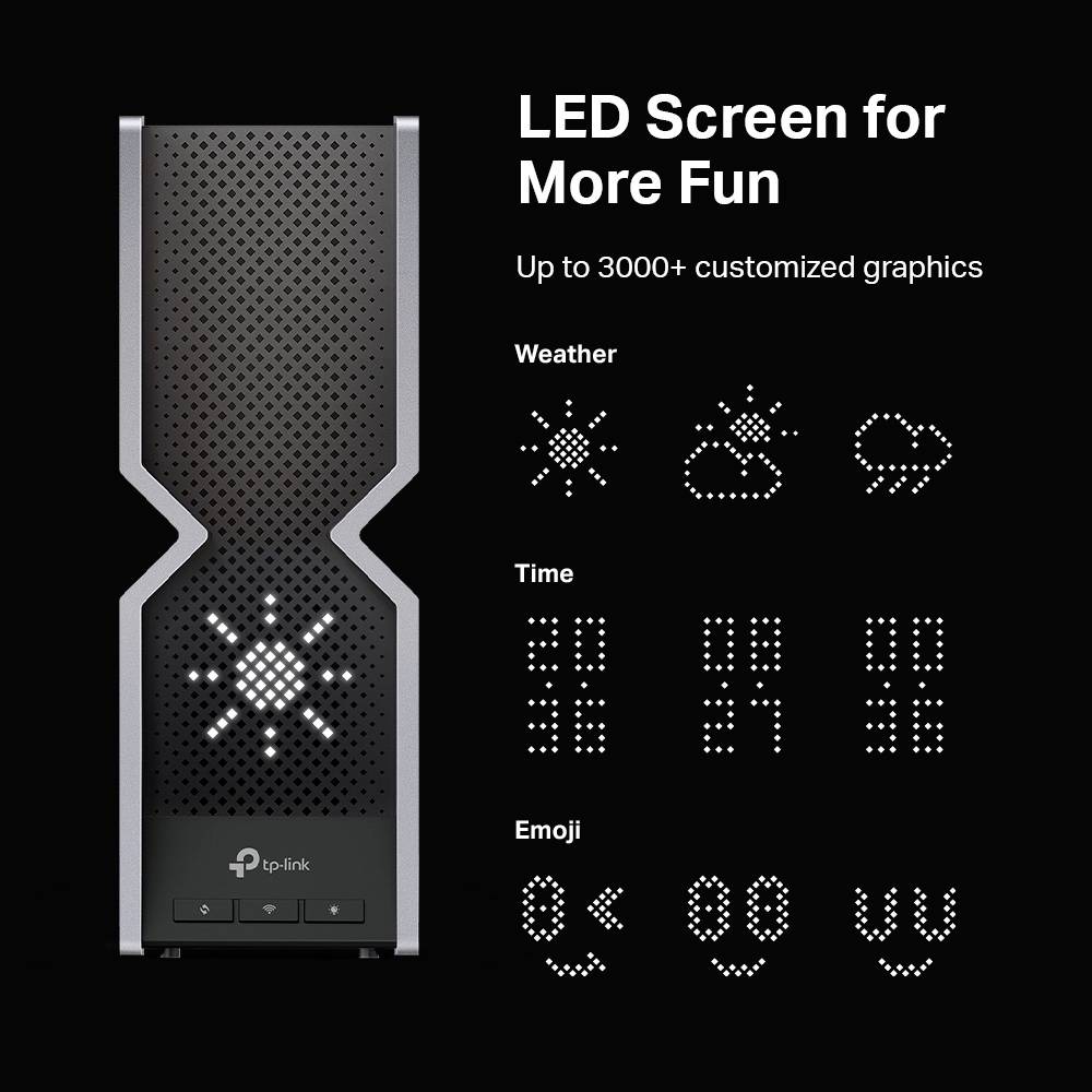 A digital speaker with display options for weather (sun, clouds), time (20:45, 18:26) and emojis (heart, smile), with over 3000 graphics available.