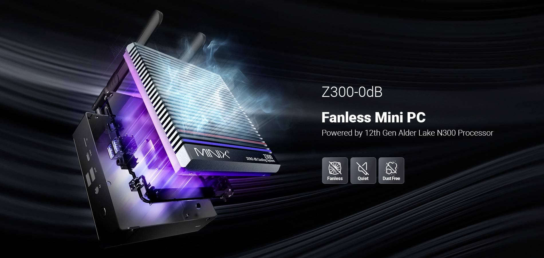 Fanless Mini-PC with 12th Gen Alder Lake N300 Processor, marked as quiet and cool. Model: Z300-0dB.
