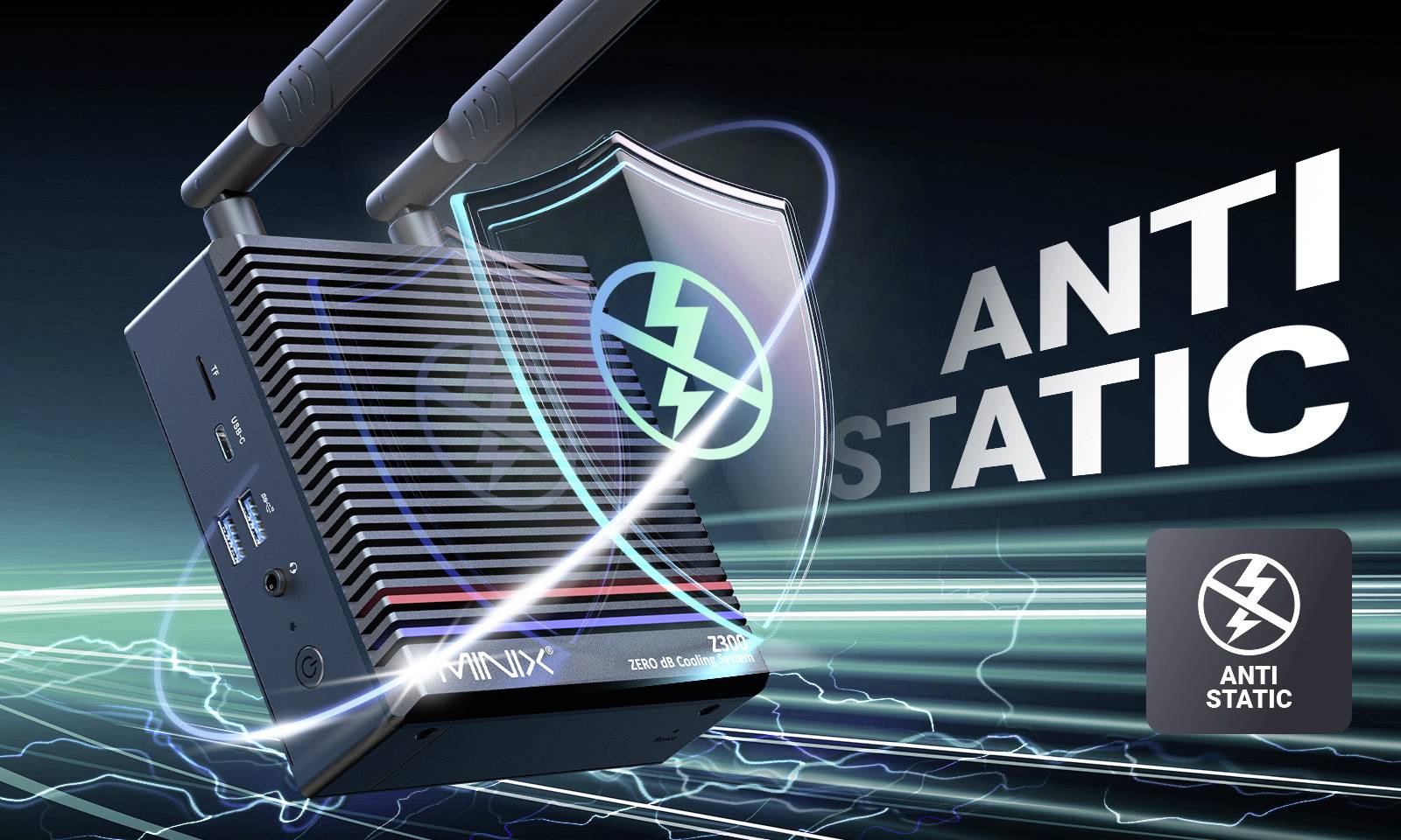 A router with two aerials hovers in front of a digital background. A shield symbol indicates 'anti-static' protection.