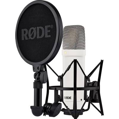 A white RØDE microphone with a black pop filter and spider mount, ideal for professional sound recordings.