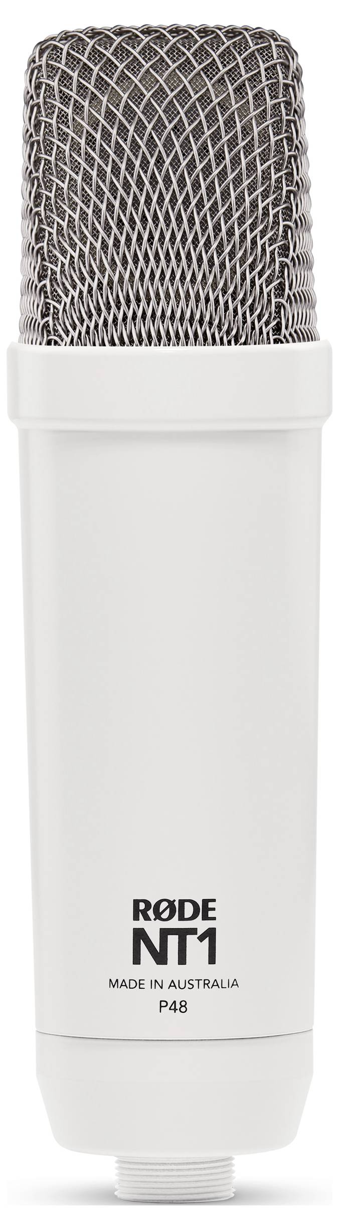 A white studio microphone with the inscription 'RØDE NT1', manufactured in Australia, featuring a fine-mesh metal grille on its top surface.