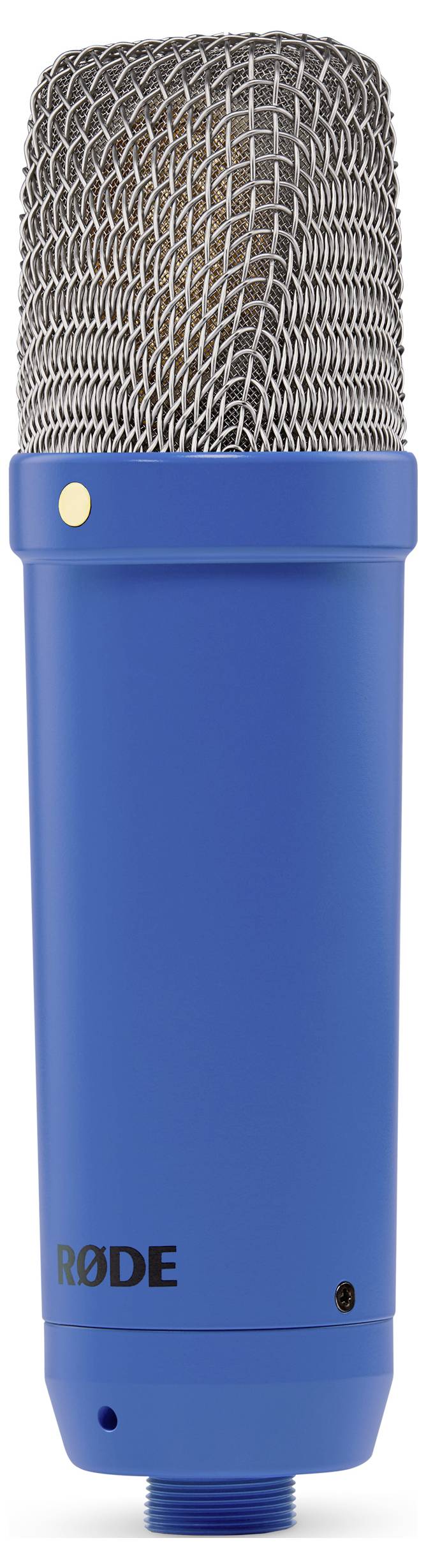 Blue studio microphone with silver mesh grille on the top.