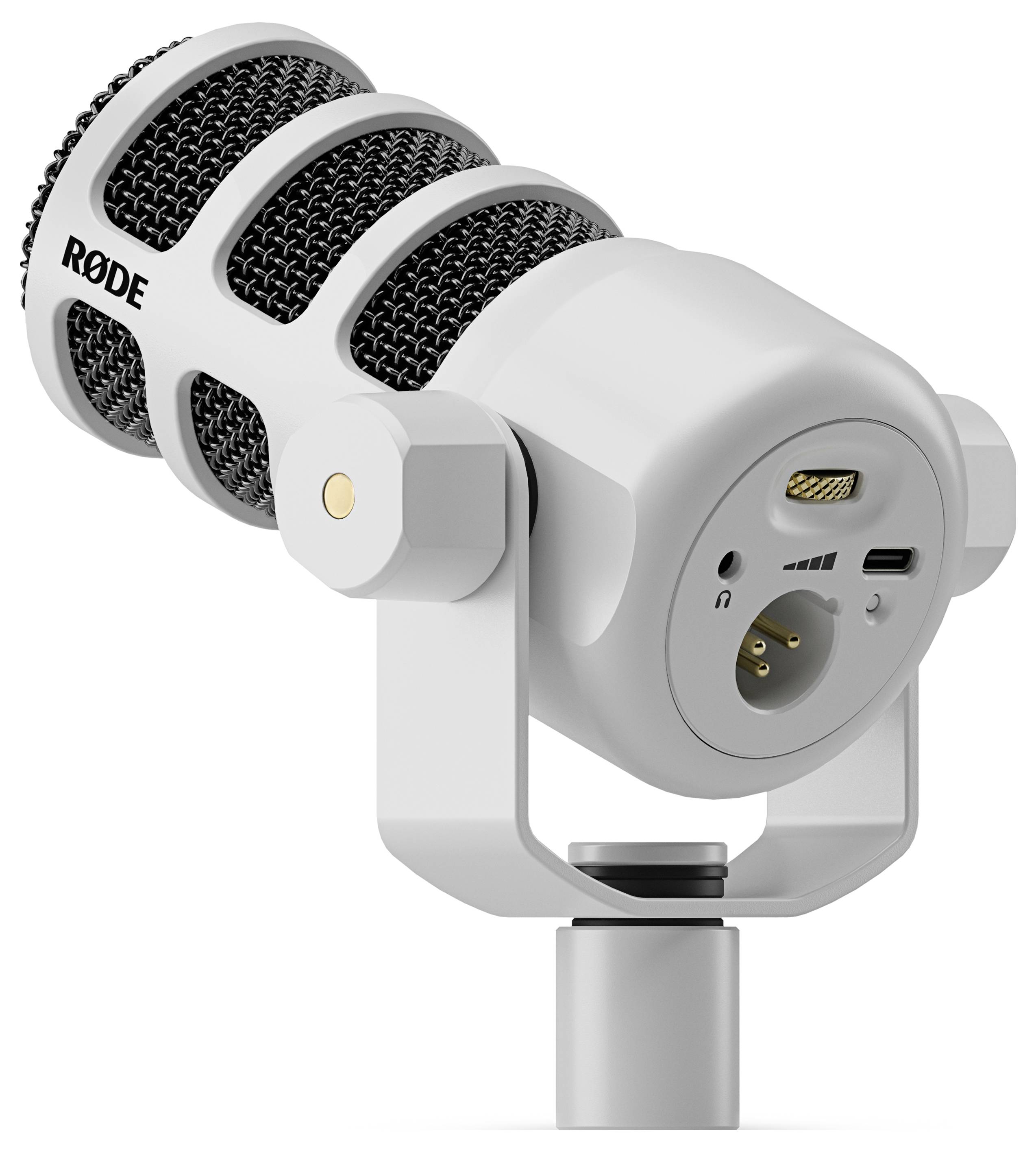 A white studio microphone with a black grille and connection options.