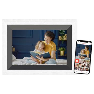 A child and an adult are sitting together on a sofa, looking at a book. Next to them is a smartphone with a photo collage app.
