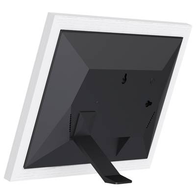 A digital photo frame in a white casing, viewed from behind, with a stand.