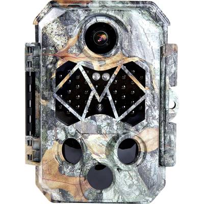 Wildlife camera with camouflage pattern for capturing wildlife. The lens is visible at the top, with sensors and infrared lights positioned below.