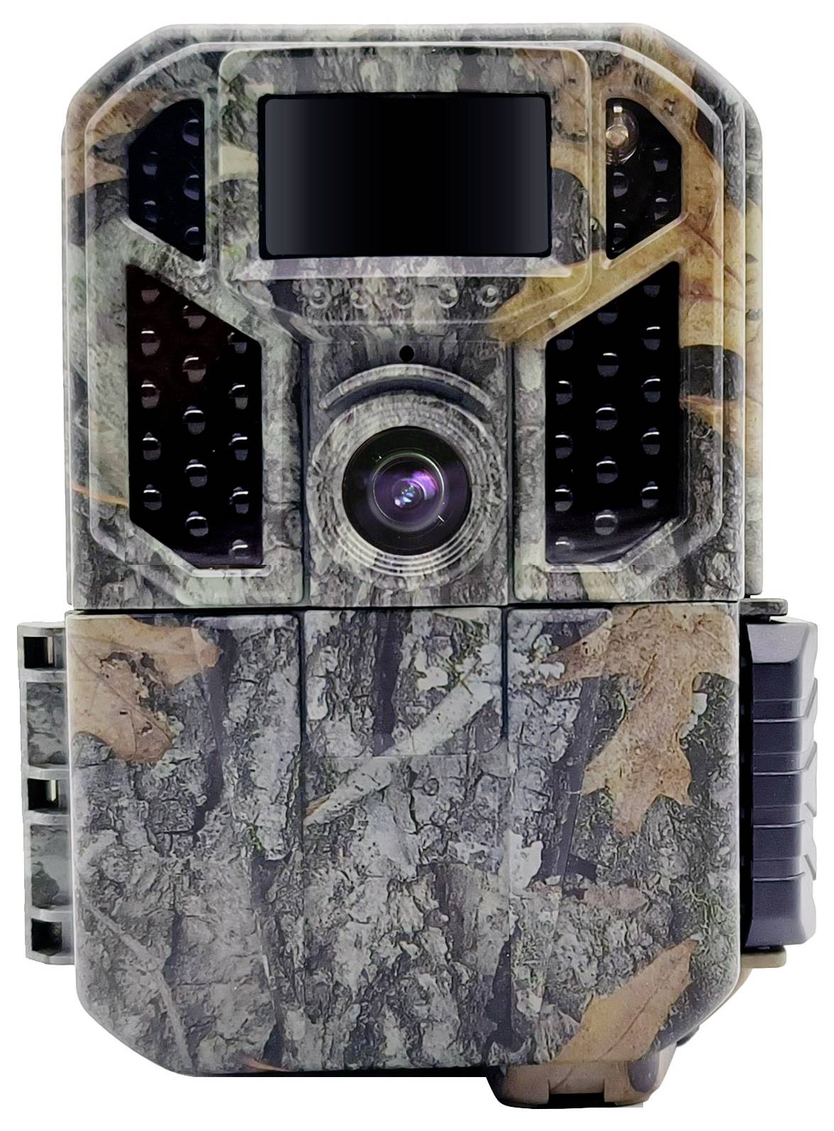 Wildlife camera in camouflage pattern with lens and sensors, ideal for monitoring animals in their natural habitat.