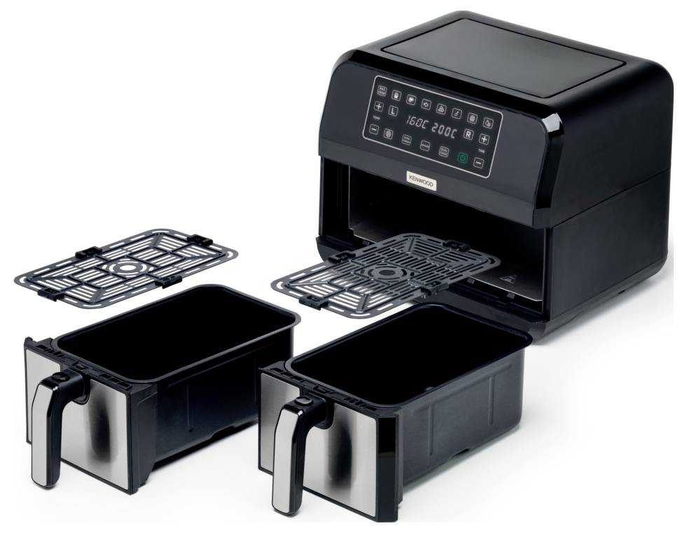 A black kitchen oven with a removable, digital display and two removable containers with handles, suitable for air frying.