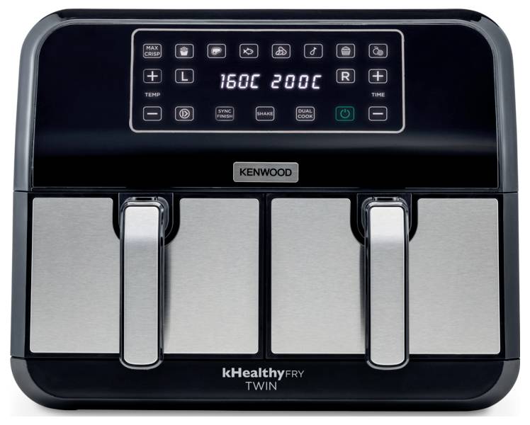 Double hot air fryer in stainless steel finish with display and controls for temperature and time. Brand name visible below.