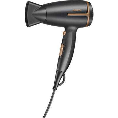 A black hairdryer with copper-coloured accents and cable, with the brand name 'beurer' visible.