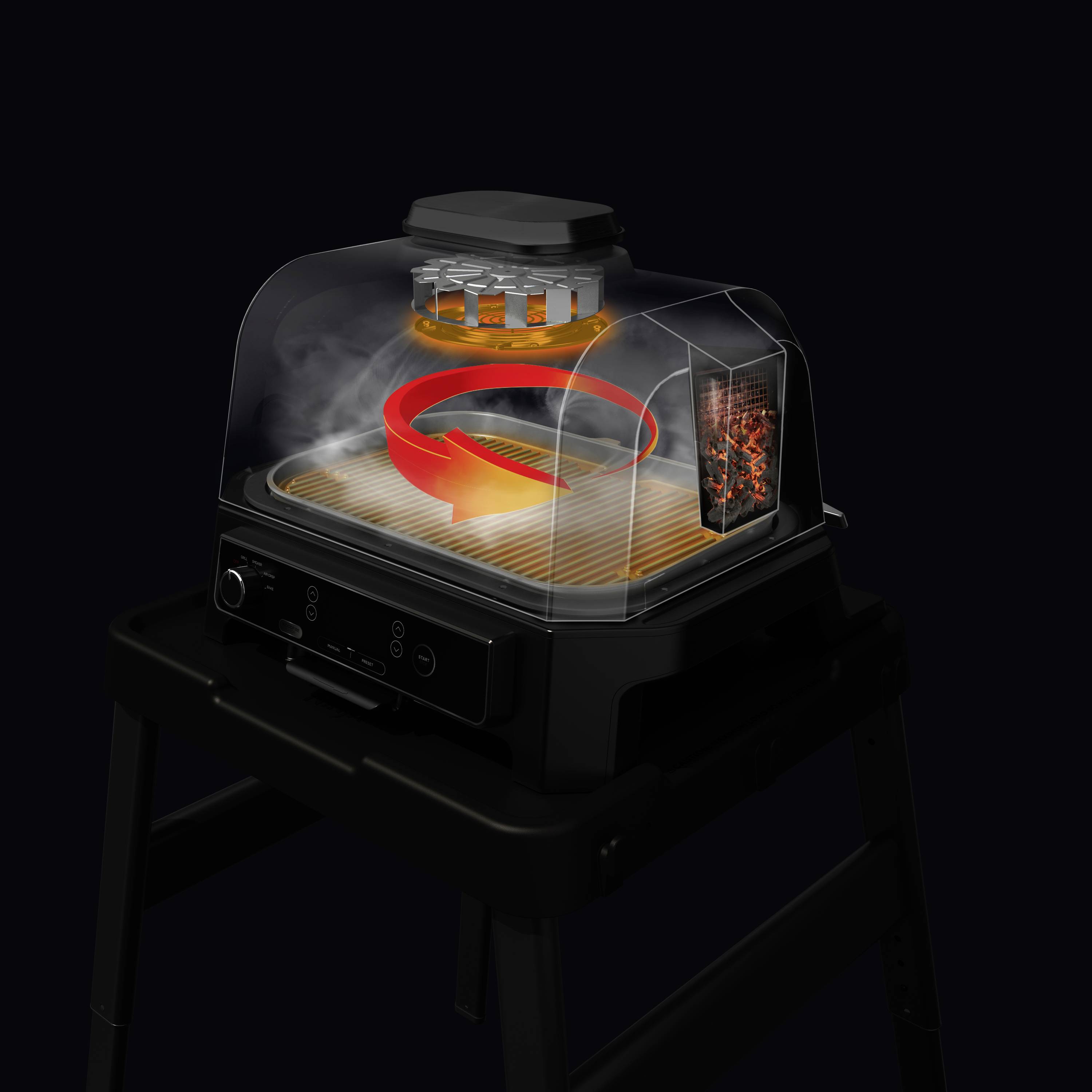 'Grill with a removable lid, showing air circulation for even grilling when the lid is closed. Illuminated display panel on the side.'