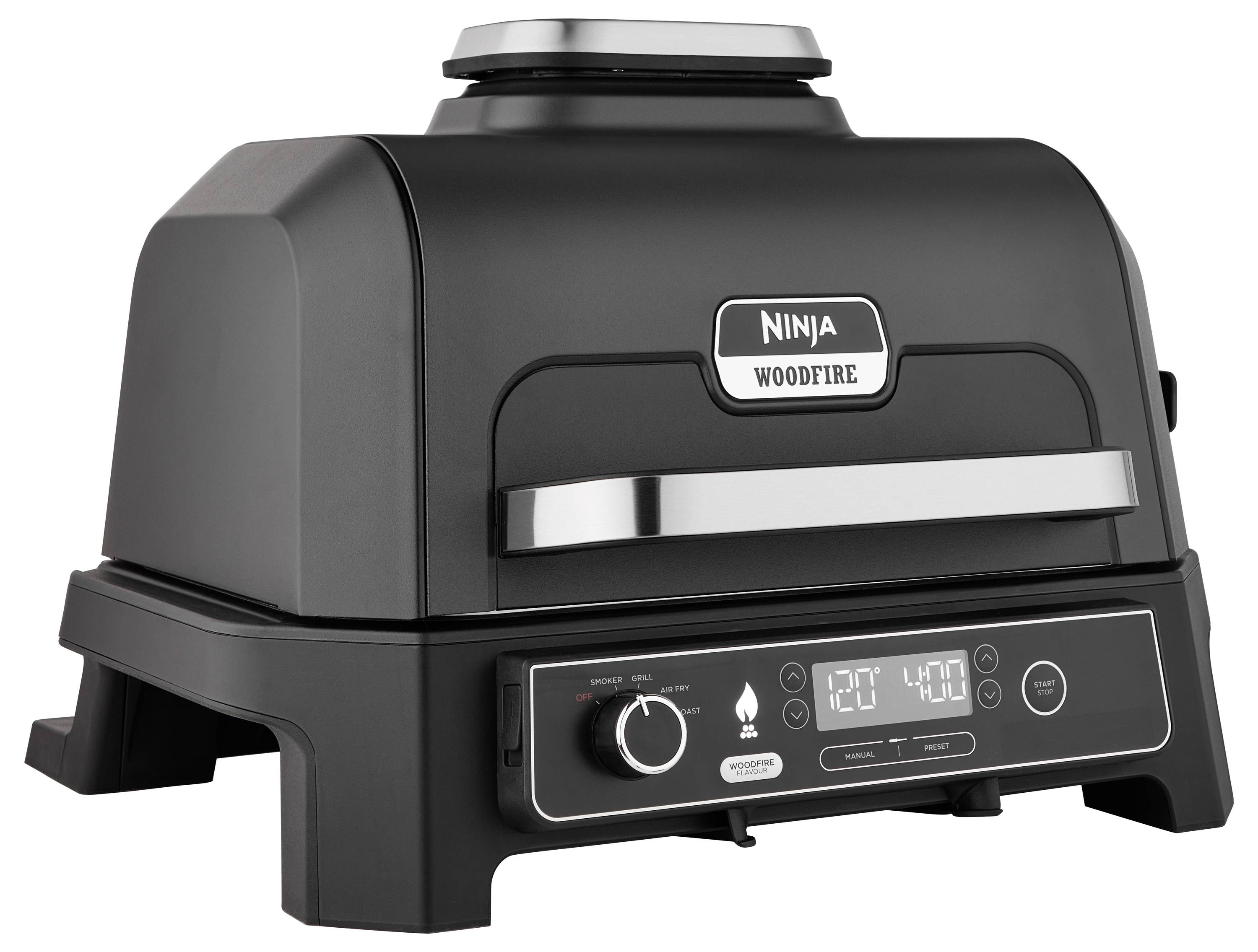 A black tabletop grill with a digital display, temperature dial and silver handle. Branded as 'Ninja Woodfire'.