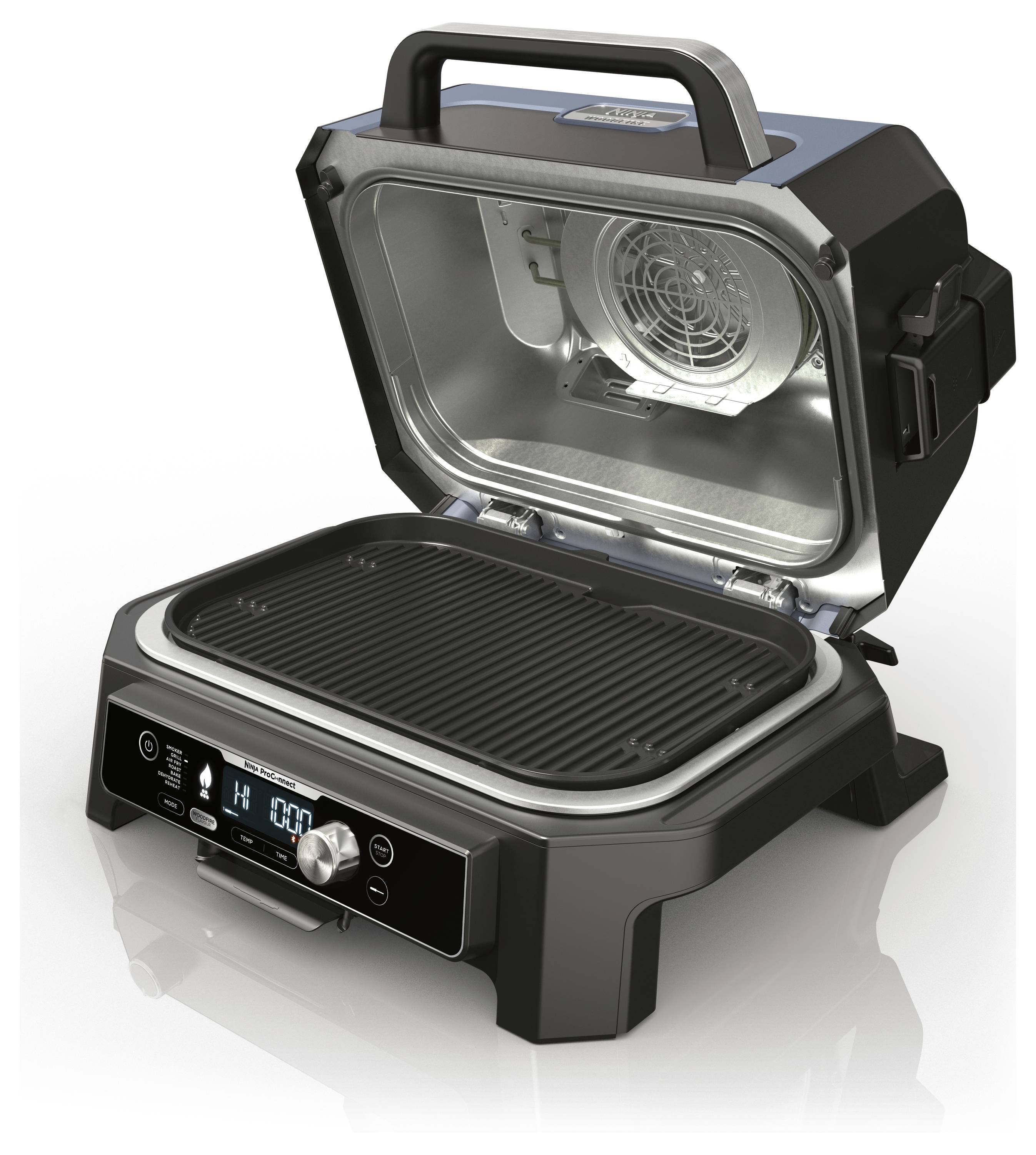A black electric barbecue with an open lid reveals the grilling surface and a digital control panel on the front.