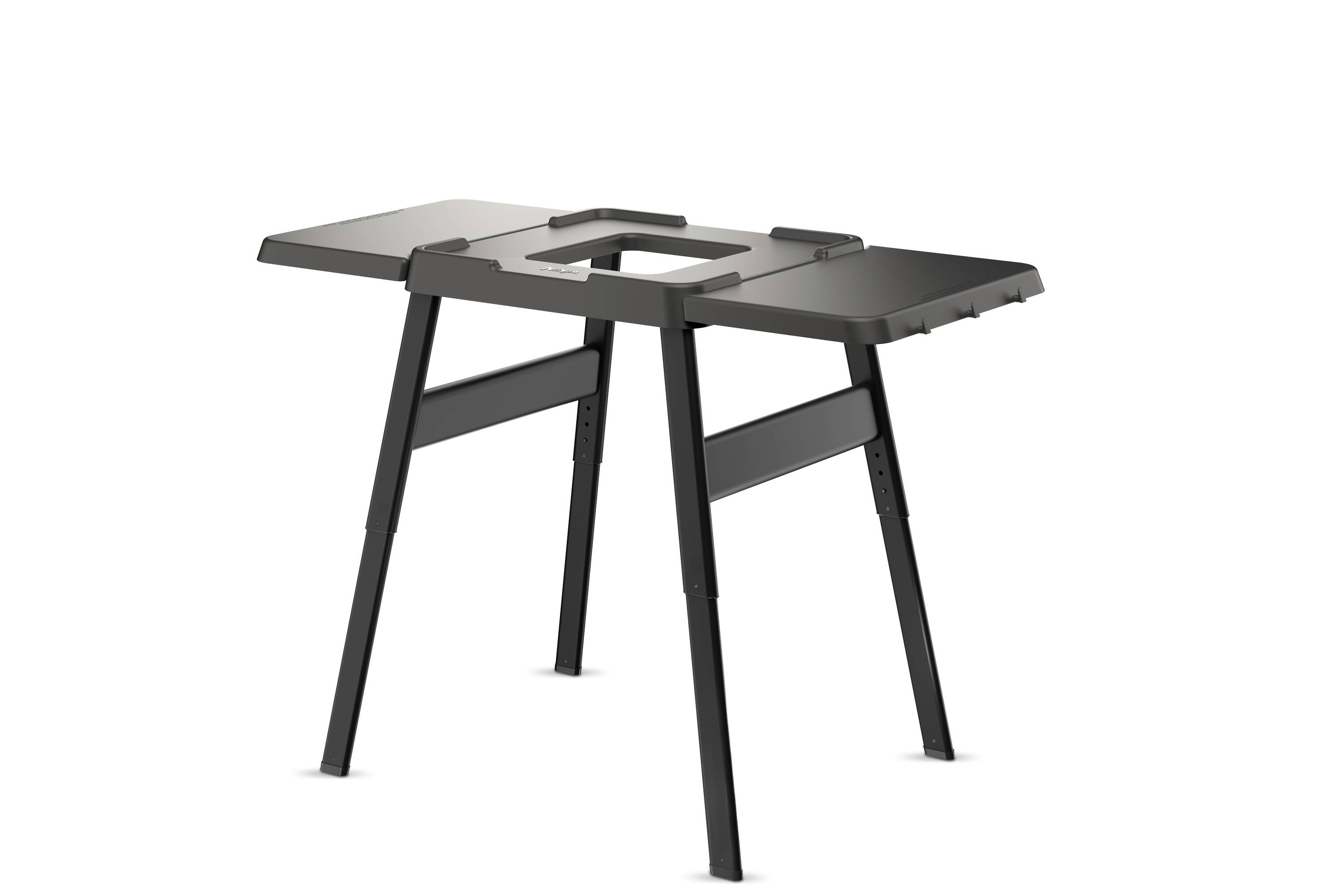 A black portable table with four legs and a rectangular tabletop featuring a handle in the centre. Ideal for mobile use.