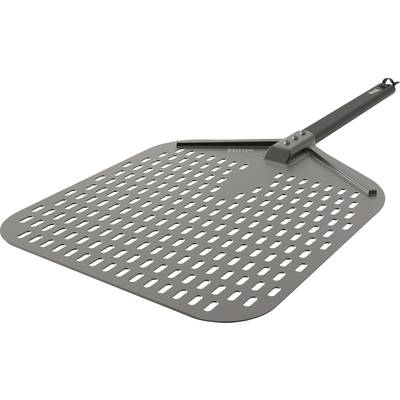 Grey, perforated pizza peel with a long handle; used for placing and removing pizza from the oven.
