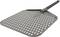 Grey, perforated pizza peel with a long handle; used for placing and removing pizza from the oven.