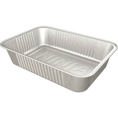 Metal baking tray with 'NINJA' printed on the base. It has ribbed side walls and is rectangular in shape.