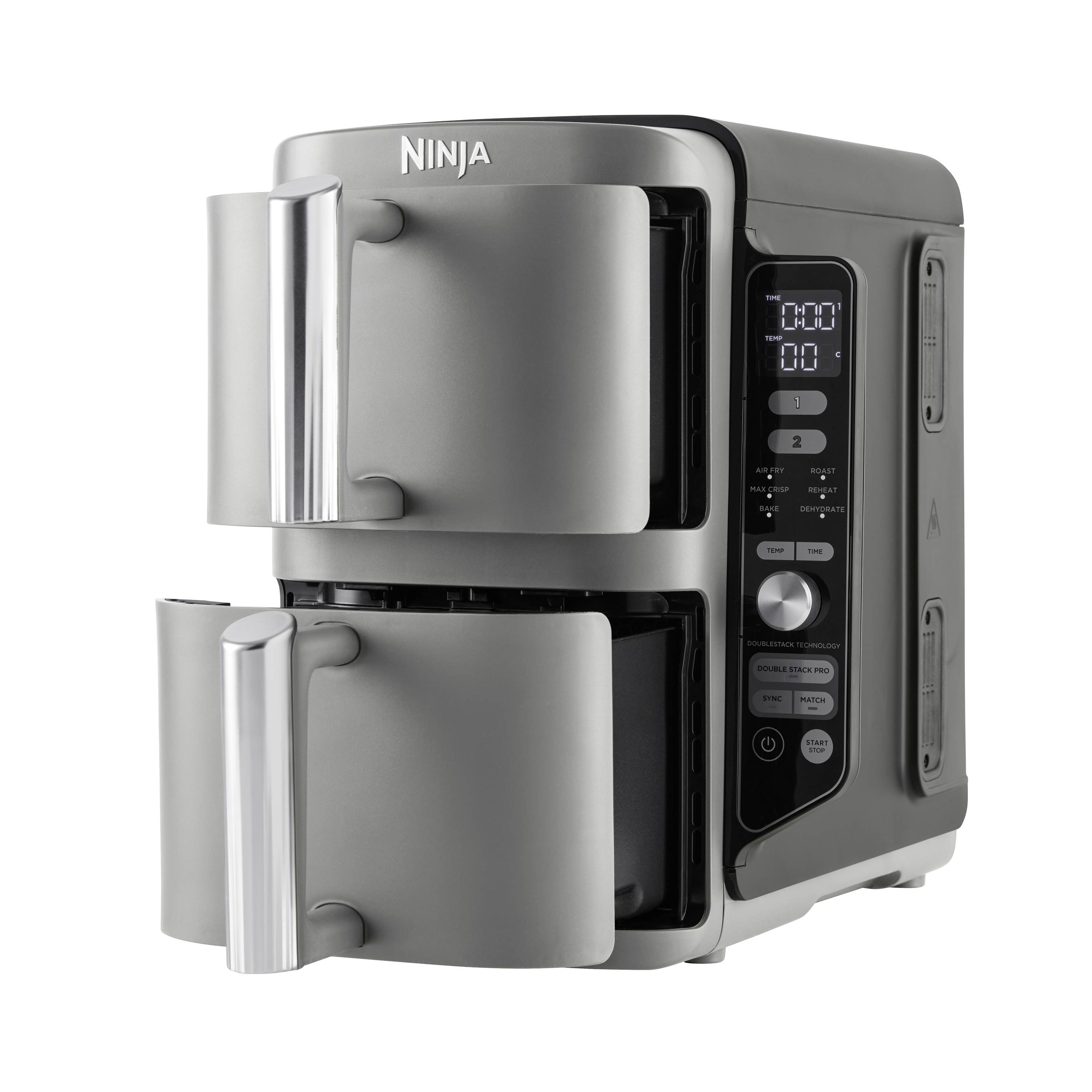 A grey double air fryer with two drawers and digital controls on the right-hand side.