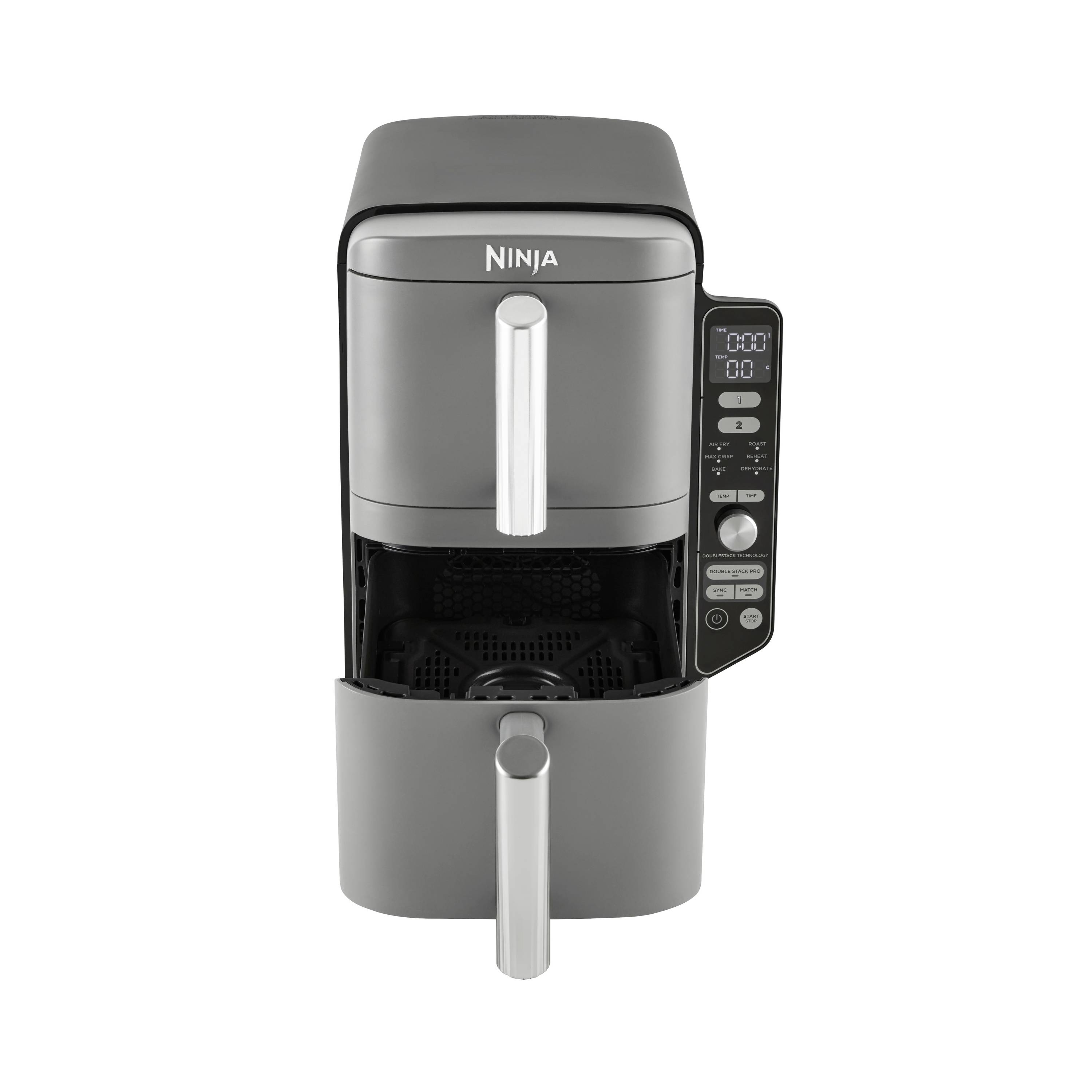 A grey air fryer with a digital control panel, lid open. The brand name 'Ninja' visible at the top.
