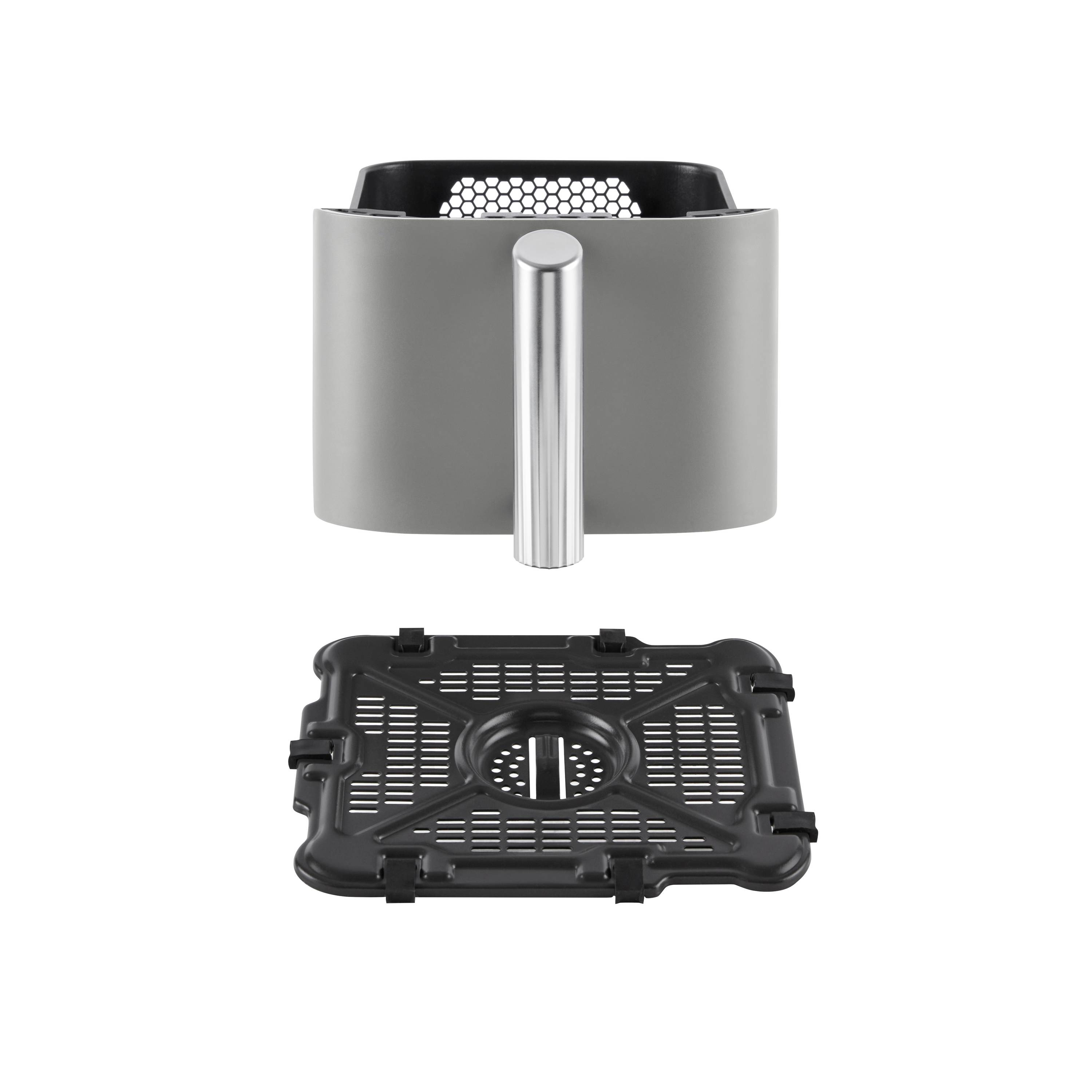 A grey hot air fryer with a removable black inner grid.