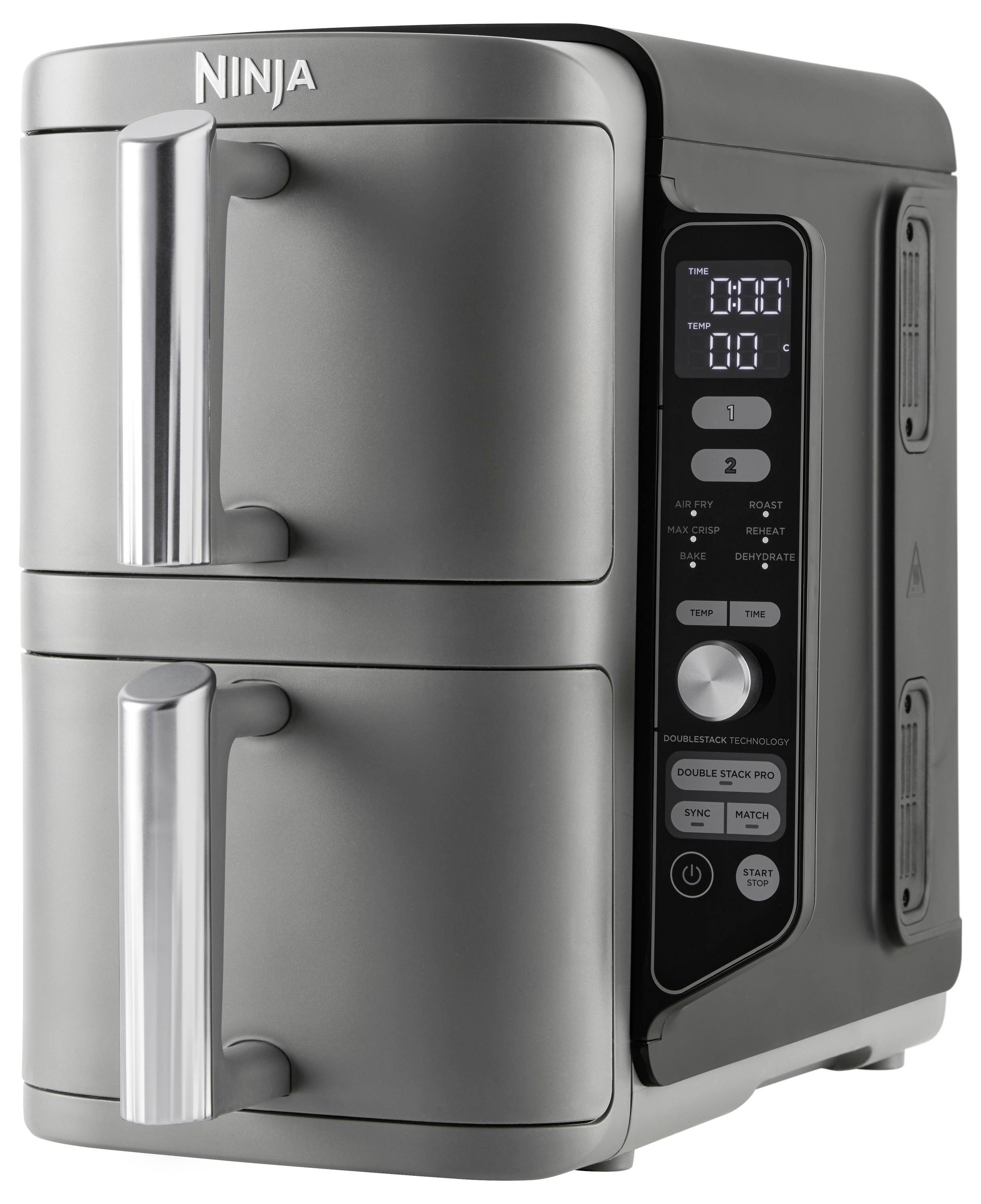 A dual air fryer with digital controls and two frying chambers.