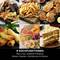 Six pictures show different dishes, including oven-baked chips, roasted vegetables, crispy rolls and a layered cake. Text: '6 Cooking Functions'.